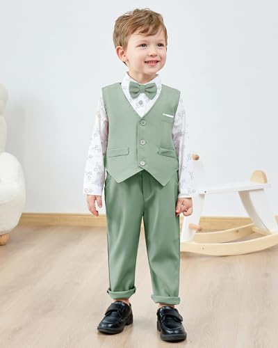 Image of ZOEREA Toddler Boy Suit Formal Wedding Outfits Gentleman Clothes Long Sleeve Shirt + Suspender Pants + Bowtie
