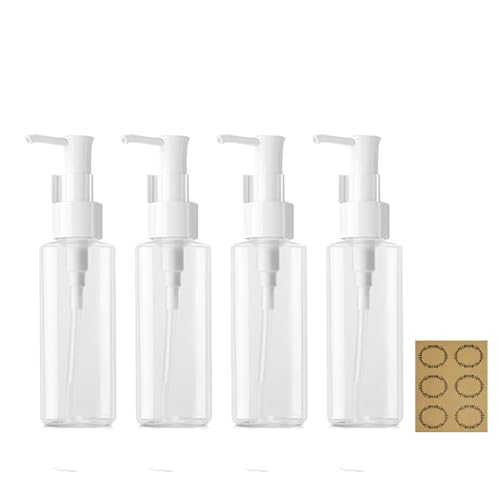 4Pcs 100ML Empty Lotion Dispenser Refillable Clear Plastic Oval Travel Bottles Makeup Cosmetic Container Dispenser with Pump Head & Labels for Gel Creams Shampoo Massage Cleansing Oil