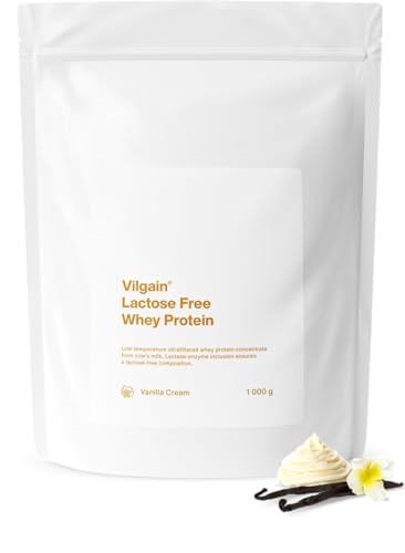 Vilgain Lactose Free Whey Protein Pulver | Hochwertiges Protein ohne Laktose | Gesüßt mit Stevia | Ultrafiltriert bei niedrigen Temperaturen | Eiweißpulver für Fitness | 1000 g (Vanillecreme)