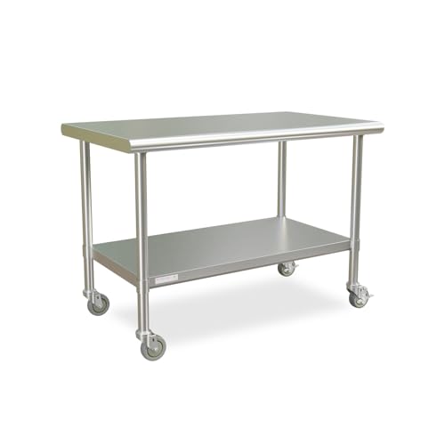 Image of STABLEINK NSF Stainless Steel Table with Wheels Casters 48x30 Inche, Metal Prep & Work Table with Adjustable Undershelf, for Commercial Kitchen, Restaurant, Laundry and Garage