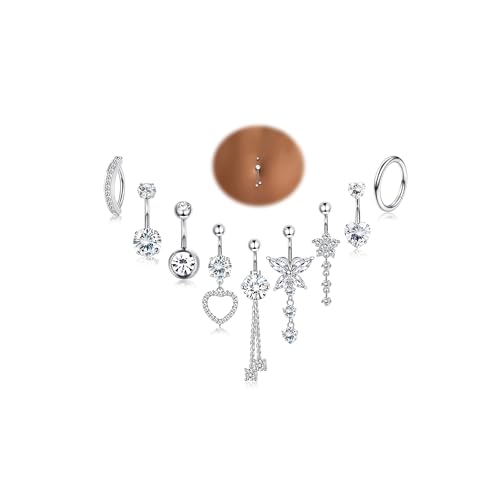 YADOCA 14G 9 Piezas Piercing Ombligo Acero Quirurgico Plata/Oro, CZ Clicker Colgante Piercing Ombligo Anillo para Mujeres