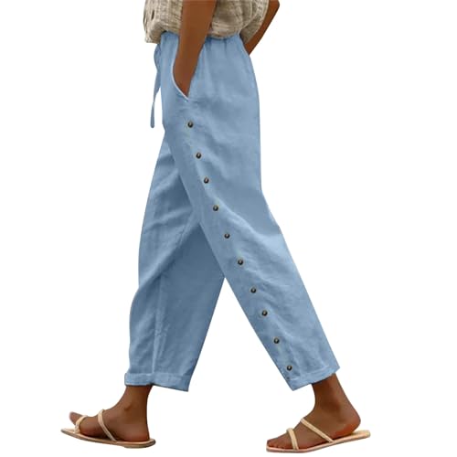 Pantalon ample coton femme taille haute décontracté avec cordon et poches