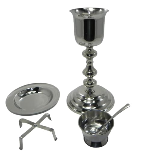 Image of Holy Chalice and Paten Set, Silver Finish, Complete Communion Set with Cup, Plate, Bowl, Spoon and Stand