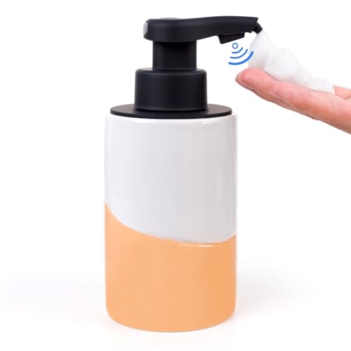 BosilunLife Automatic Soap Dispenser Ceramic Hand Free Soap Dispenser with Waterproof Pump Rechargeable Smart Electric Soap Lotion Dispenser Touchless for Kitchen Bathroom (White-Orange, Foa
