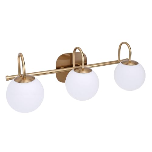 Aplique de baño LED HEEPDD de 3 luces con tulipas de vidrio esmerilado doradas 7