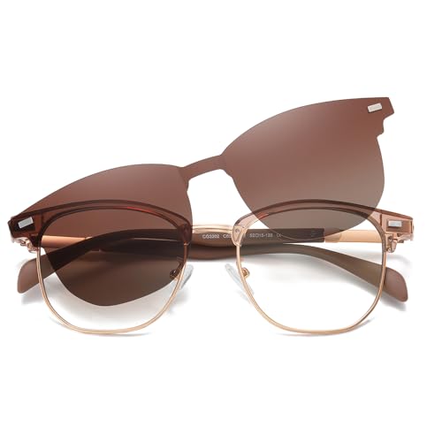 Blue Light Blocking Glasses with Polarized Clip On Sunglasses Lenses for Men Women Magnetic Multi-use Metal Frame Brown