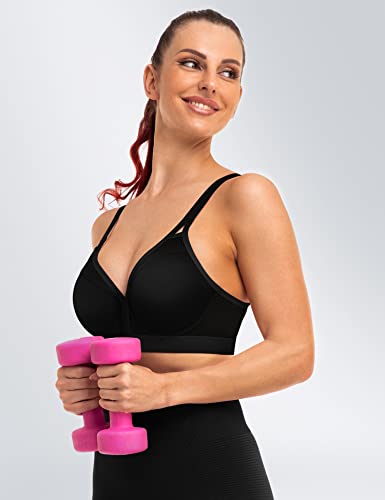 Zerobound Women's Sports Bra High Impact Lightly Lined Underwire V Neck Full Figure Running Workout Bras Black #TOP4