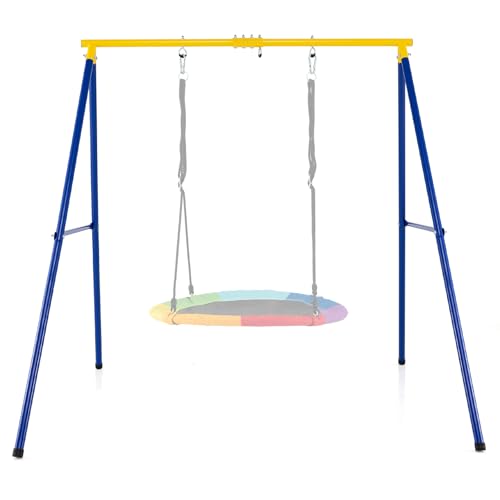 COSTWAY Portique Balançoire Exterieur en Métal avec Cadre en Forme A, Balançoire Enfant Extérieur avec Mousquetons & Capuchons de Pieds, Intérieur...