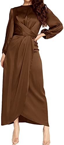 PINUPART Women's Elegant Empire Waist Long Sleeve Satin Maxi Dress S Coffee
