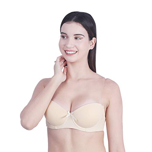 Image of Brachy Women Cotton Nylon Spandex Padded Underwire Strapless Backless Invisible Clear Transparent Back Push up Bra with (Free Extra Transparent Strap)