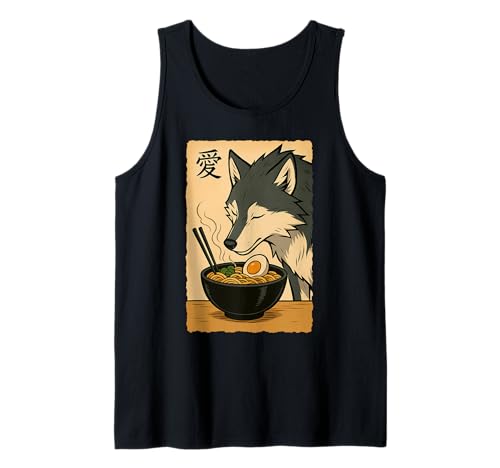 Funny Wolf Ramen Graphic Tee Arte japonés Kawaii Anime Wolf Camiseta sin Mangas