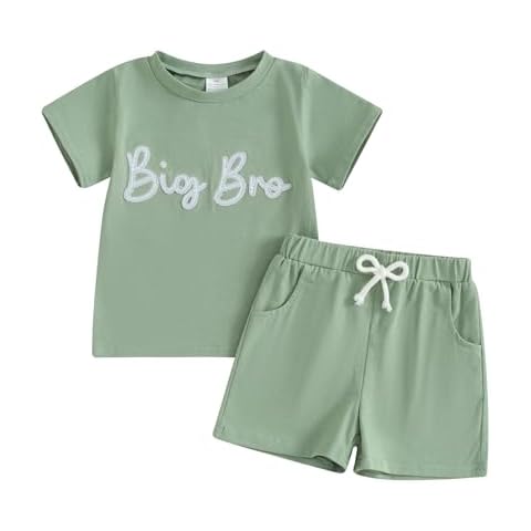 Twopumpkin Baby and Toddler Girl Boy Big Sister Little Sister Brother Matching Outfits Romper/T Shirt Shorts Summer Clothes (Embroidered Big Bro Green, 12-18 Months) Cover