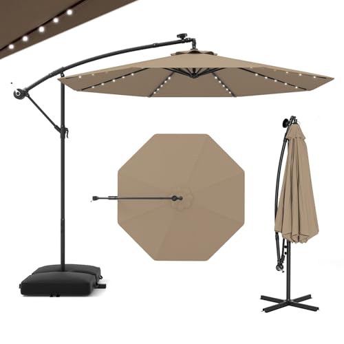 GOPLUS Parasol de Jardin Extérieur avec Pied, Parasol Déporté 3x3M, avec 40 Lampes Solaires, Toile Inclinable, Manivelle, 8 Baleines, Anti-UV, pour Terrasse...