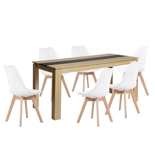 LafeuR Ensemble de salle à manger avec 6 chaises rectangulaires en chêne et 6 chaises blanches pour salon, cuisine, bureau (table chêne noir de 160 cm)