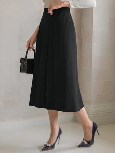 Image of GRECIILOOKS Elegant High Waisted Pleated Midi Skirt for Women, A Line Polyblend Fabric Flared Skirt with Back Zipper, Ideal for Office, Casual and Formal