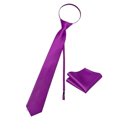 Image of YourTies Zipper Tie for Men Adjustable Pre-tied Satin Neckties and Pocket Square Set Solid Color Business Formal Wedding