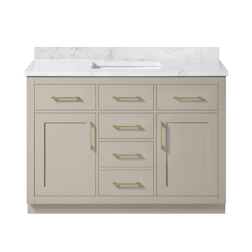 Image of OVE Decors Athea 48 in. Single Sink Freestanding Greige Bathroom Vanity with White Engineered Marble Top, Matching Backsplash, Power Bar and Brushed Gold Hardware