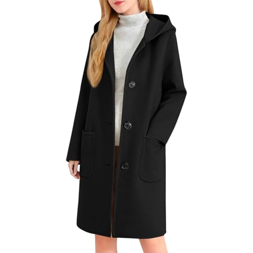 Générique Manteau Femme Hiver Chaud Long à Capuche Boutonné avec Poches Élégant Décontracté Coupe Ajustée coupe-vent Veste Longue pour Quotidien et Extérieur
