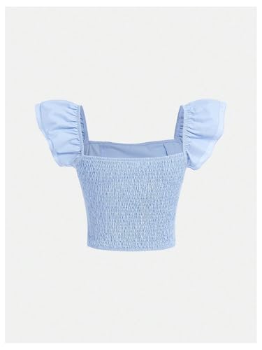 OYOANGLE Girl's Ruffle Cap Sleeve Slim Fitted Crop Top Square Neck Smocked Tops3