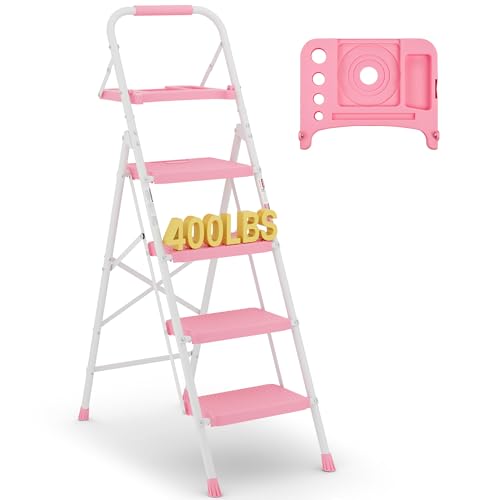 BONTEC 4-Step Ladder, 400lbs Max Load, Folding Step Stool with Tool Tray, Anti-Slip Pedals, Sturdy Steel, Lightweight Portable Ladder with Handrail for Home & Work Use, Pink 4-Step, 400lbs M