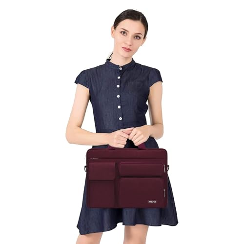 Image of MOSISO Laptop Shoulder Bag Compatible with MacBook Air 15 M3 M2 2024 2023 /Pro 16 inch M4 M3 M2 M1,15-15.6 inch Notebook with 2 Raised&1 Flapover&1 Horizontal Pocket&Handle&Belt, Wine Red