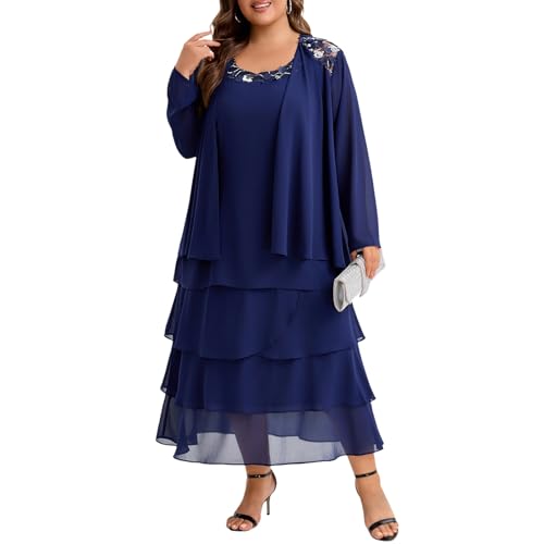Plus Size Chiffon Mother of The Bride Layered Dress with Jacket 2 Piece Set Decal Designs Formal Wedding Guest Attire