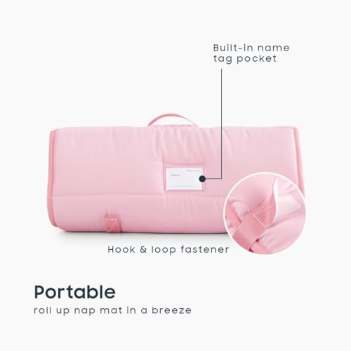 wake in cloud - toddler nap mat with pillow and blanket for kids boys girls in kindergarten daycare preschool pre k roll up sleeping bag solid color pink standard