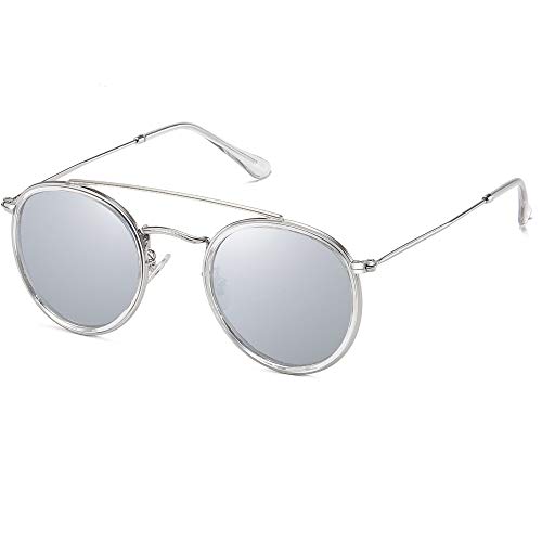 SOJOS Small Retro Round Polarized Sunglasses UV400 Double Bridge Sunnies SUNSET SJ1104 with Silver Frame/Shiny Crystal Rim/Silver Mirrored Lens