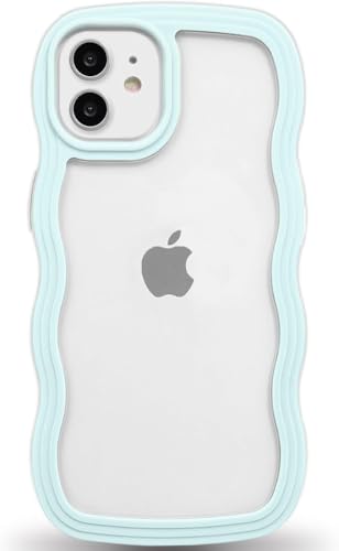 Image of GoldKart iPhone 12 /12 Pro Case Wavy Edge Clear Back Design, Anti-Slip Grip Cute Wave Curly Frame Shape Shockproof Soft TPU & Hard PC Bumper Protective Phone Case Cover for Women Girls - Light Blue