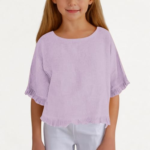 Girls Cotton Linen Summer Tops Ruffle Elbow Sleeve Blouse Oversized T-Shirt Elegant Blouse Crewneck Tees Cute T-Shirt2