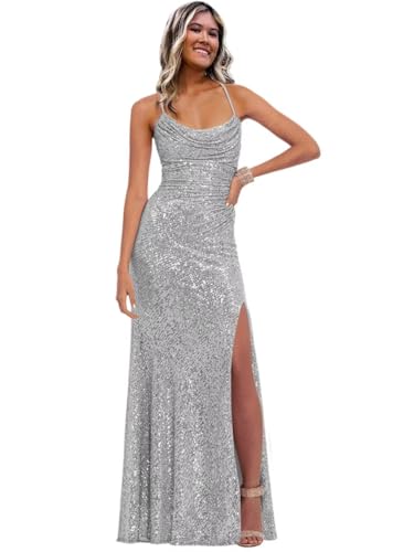 Image of Stylefun Women's Halter Mermaid Prom Dresses with Slit Long Sequin Formal Cocktail Party Dress STN027