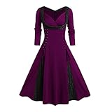 Tomwell Damen Kleid Kariertes Kleid Gitter Elegante Retro Kleid Rockabilly Kleid Cocktail Abendkleider MidiKleider Mittelalterliches Vintage Kleid E Violett XXL