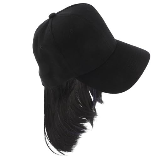 Garneck Gorra de Béisbol para Mujer con Peluca Integrada Estilo Bob con Orejeras Color Negro con Mechas Azul Grisáceo Ajuste Cómodo y Diseño Moderno para Uso Diario y Fiestas