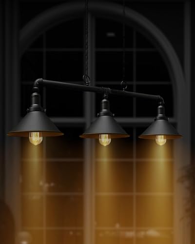 DC Voltage Retro Style Pewter, Black Steampunk Metal 3 Way Bar Over Table Water Pipe Style Ceiling Light Fitting Vintage Industrial Suspended Pendant Lamp for Living Room