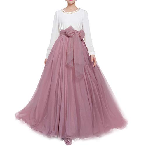 Women Wedding Long Maxi Puffy Tulle Skirt Floor Length A Line with Bowknot Belt High Waisted for Wedding Party Evening(Mauve,Small-Medium)