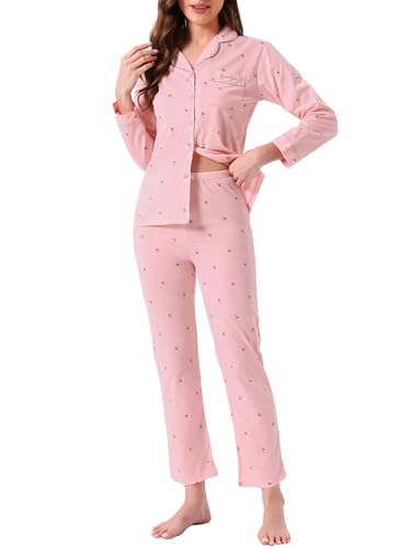 cheibear Womens Lounge Set Cotton Button Up Cute Pattern Print Long Sleeve Notched Collar Pants Set with Pockets Pajama Set