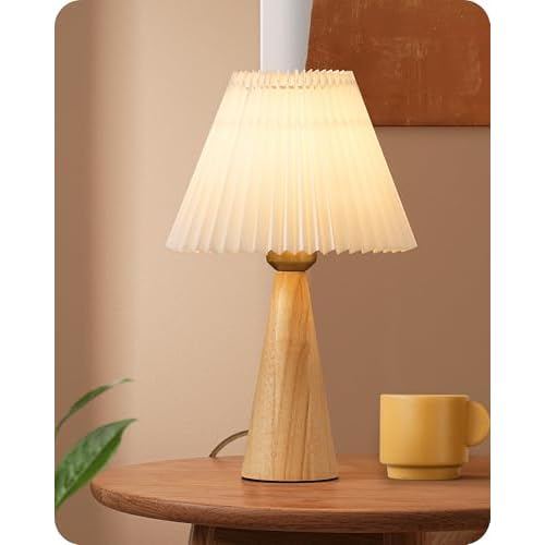 EDISHINE 13.58" Small Table Lamp, Wooden Base Nightstand Lamp, White Pleated Lampshade, Space-Saving Modern Bedside Lamp for Nursery Kids Room Bedroom Living Room, E26, ON-Off Button, Burlyw