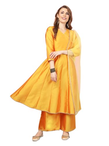 Image of A.T.U.N. (ALL THINGS UBER NICE) Cotton Women Anarkali Paneled Kurta With Palazzos & Dupatta