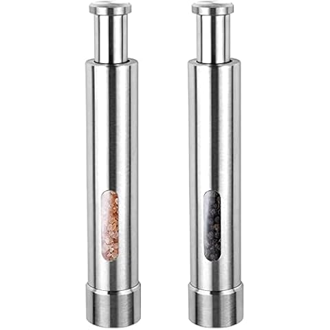 Cute Stainless Steel Pepper Mills with One Hand Stands Mini Thumb Push for Peppercorns, Sea Salt, Spices, Table Seasoning Grinders (M2) Cover