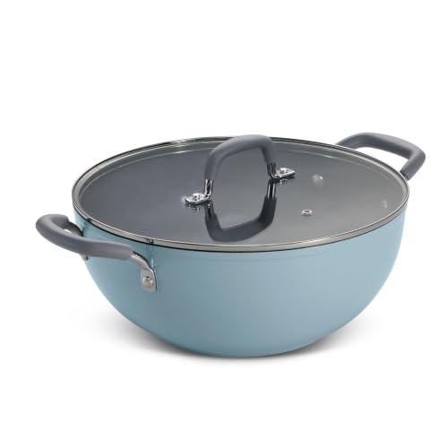 Image of TRAMONTINA Velo 20cm Shallow Kadai with Lid 1.9L | Ceramic-Reinforced Coating | Tempered Glass Lid | for Curry, Stir Fry, Sauteing & Everyday Cooking | Gas & Induction Compatible | Sea Blue