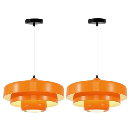 Image of Set of 2 Orange Pendant Lights, Nordic Flush Mount Mid Century Modern Chandeliers for Kitchen Island, Dining Room, Pantry, Farmhouse Ceiling