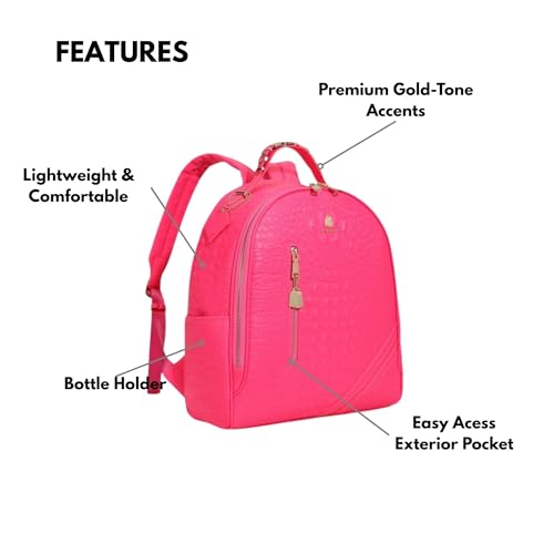 Image of Tote&Carry Apollo BFF Backpack for Women, Vegan Leather, Water-Resistant, Carry-On Luggage for Travel, Work & Daily Use (Alligator Skin, Neon Pink)