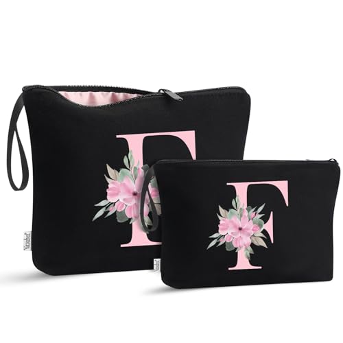 Image of Vavabox A-Z Personalized Makeup Bag, Birthday Gifts for Women Mom, Gifts for Best Friend, Bride Bridesmaid Cosmetic bag (F, 04-Black Set)