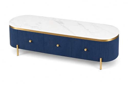 Image of Mazzo White Marble TV Unit Console | 70 inchx15 inchx18 inch | Golden Legs & Charcoal Louvers | Storage Drawers | Modern TV Stand Console Unit White Marble Top with Gold Accents, Storage (Blue)