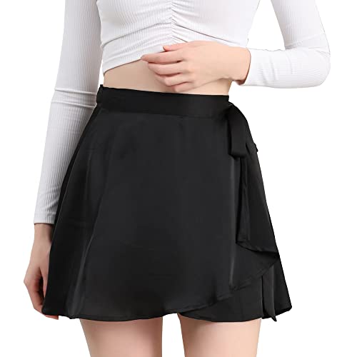 WAYMODE Women's Satin Flared Mini Skirt - Belted Waist, Overlap Wrap, A-Line Skater Skirt