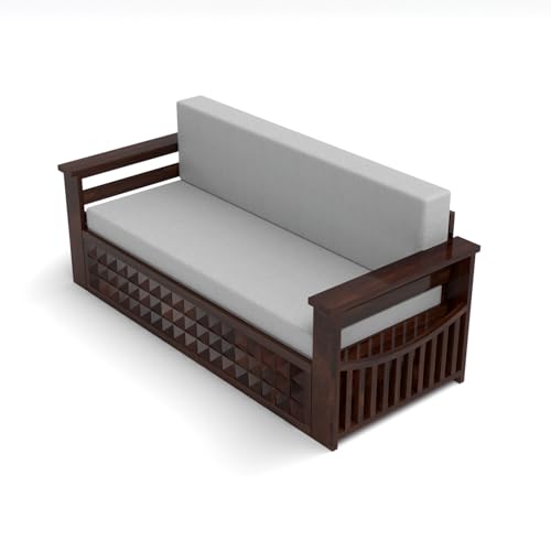 Image of Kunjal Furniture Solid Sheesham Wood Sofa Cum Bed with Storage for Living Room | Natural Finish | 3-Seater Convertible Sofa Bed | Handmade Wooden Furniture (Walnut, Diamond)