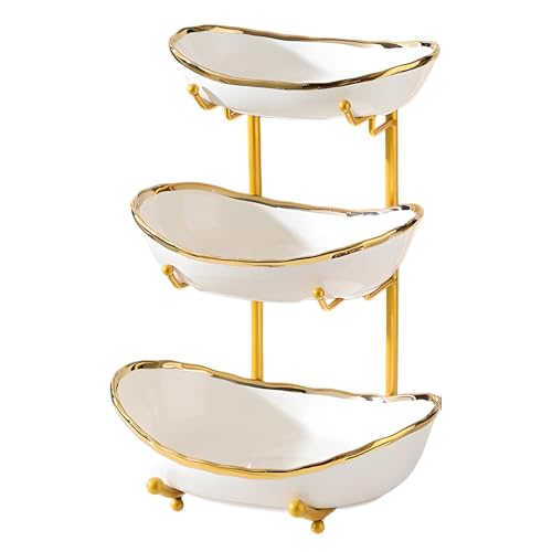 XUDREZ 3 Tier Fruit Bowl for Kitchen Counter with Metal Stand, Ceramic White Gold, Tiered Fruit Basket for Nuts, Snacks, Bread, Candy Storage (White A)