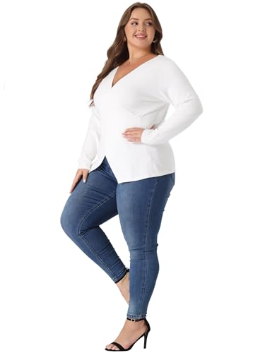 Image of Agnes Orinda Plus Size Knit Tops for Women Wrap V Neck Criss Cross Long Sleeve Asymmetrical Sweater