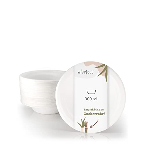 wisefood Lot de 50 bols à soupe jetables en bagasse - Ronds blancs - 300 ml - Bol en carton unique idéal pour les frites ou la salade - Vaisselle en canne à sucre biodégradable sans PLA/PE Cover