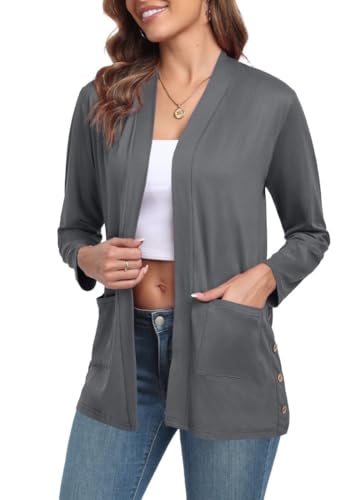 PrinStory Cardigans For Women Lightweight Ladies Cardigans With Pockets Long Sleeve Elegant Open Front Outerwear UK 14-16 (Dark Grey, L)
